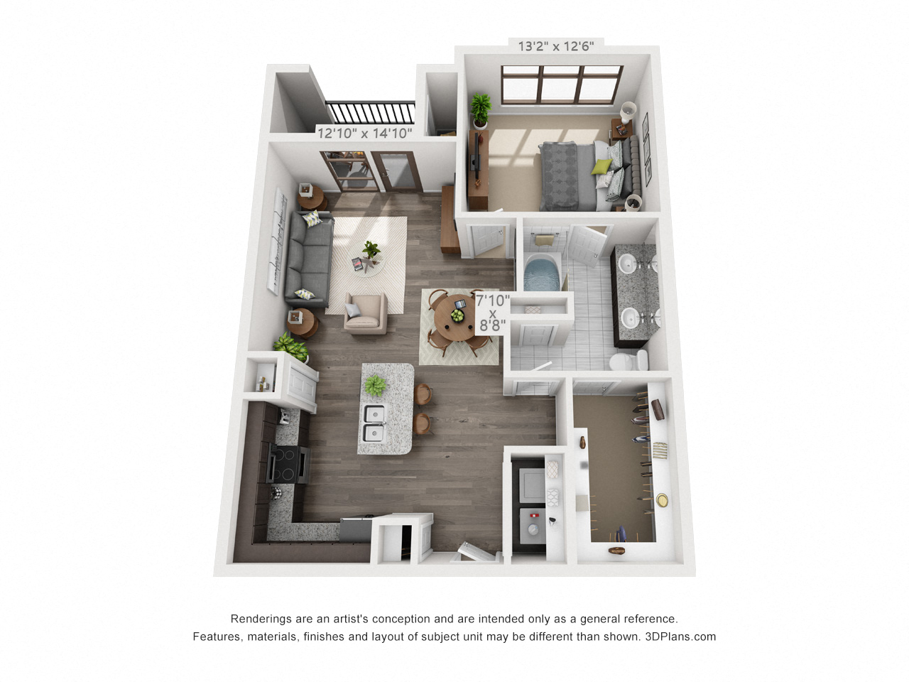 Floor plan for 1 bed, 1 bath, 842 sqft